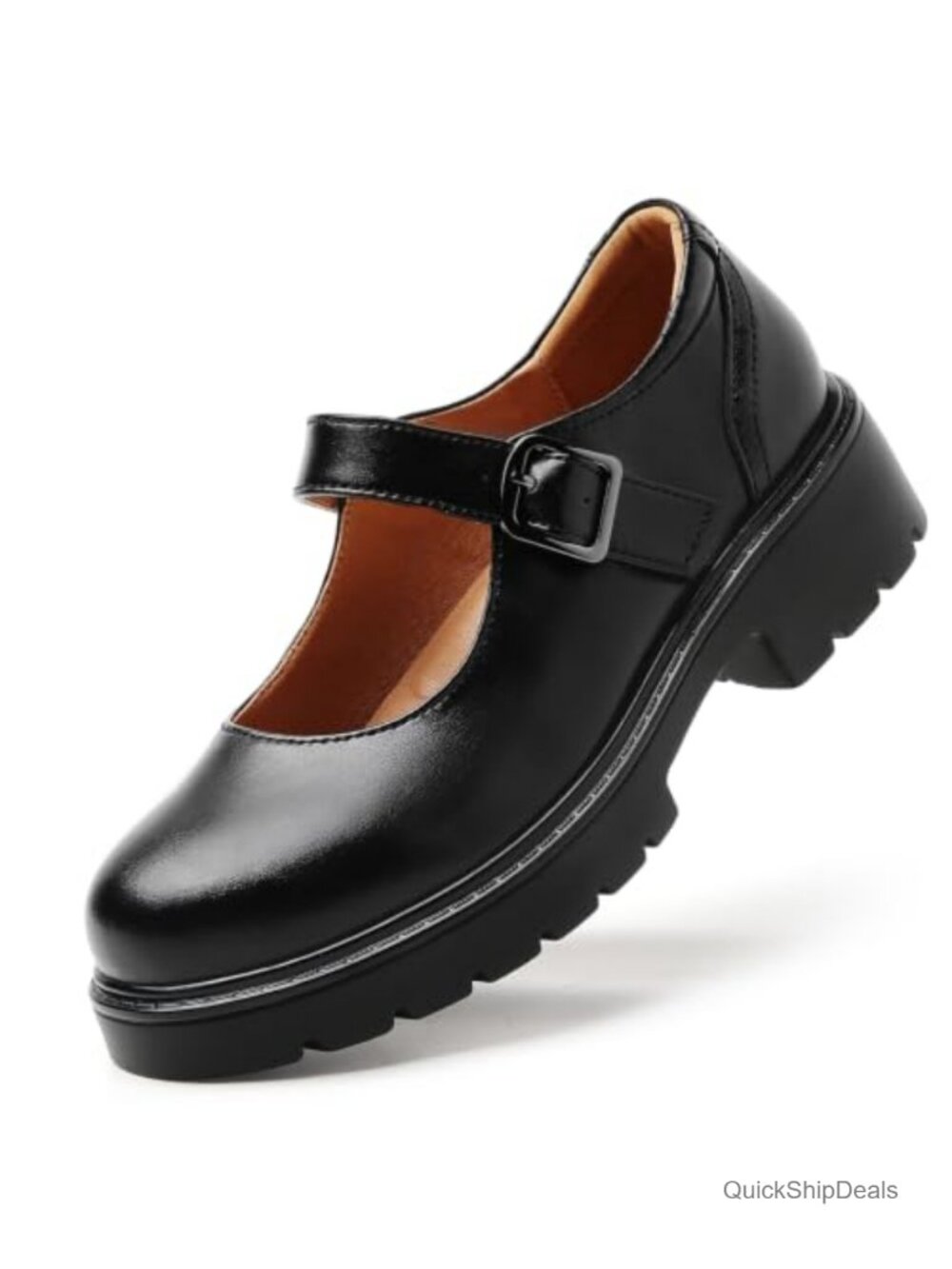Women's Mary Jane Platform Chunky Heels Leather Round Toe Buckle
